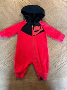 Nike Red and Black Hooded Baby Footie One-Piece